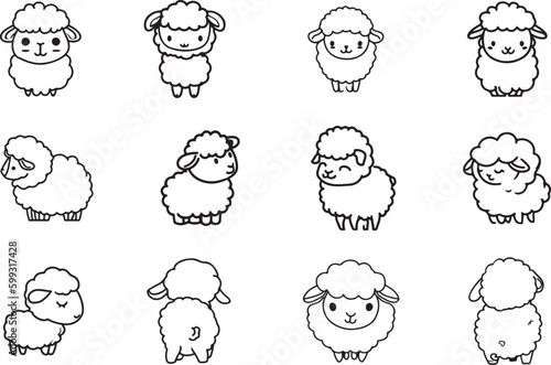 set of  cute and funny sheep line art vector