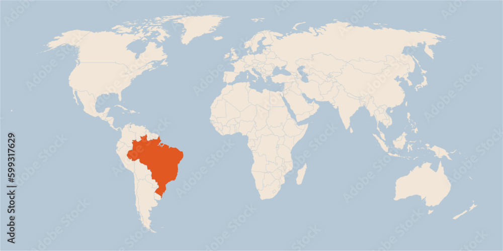 Vector map of the world in pastel colors with the country of Brazil highlighted highlighted in orange.