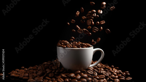 Selected coffee beans falling into a cup of hot water on black background. Copy space. Based on Generative AI