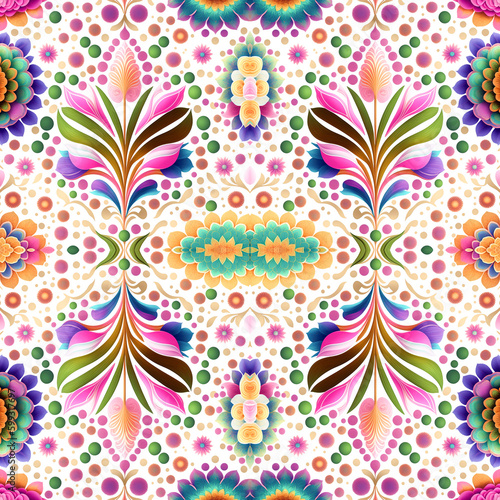 Ornate pattern endless of abstract flowers on a white background. Floral Seamless rapport for mirror pattern. Generative AI.