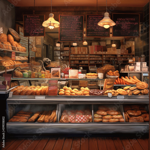 A panoramic shot of a bakery storefront, with a display case full of artisanal bread, pastries, and cakes, and a chalkboard sign advertising daily specials - Generative AI