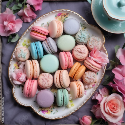 A top-down shot of a tray of colorful macarons, arranged in a gradient of pastel hues, with a vintage floral teapot and teacup in the background - Generative AI