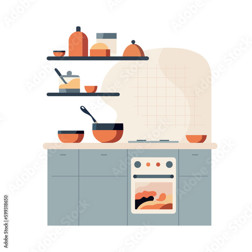Simple kitchen interior. Cartoon cookware and household. Modern decor