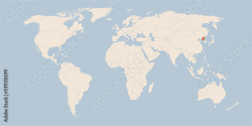 Vector map of the world in pastel colors with the country of North Korea highlighted highlighted in orange.