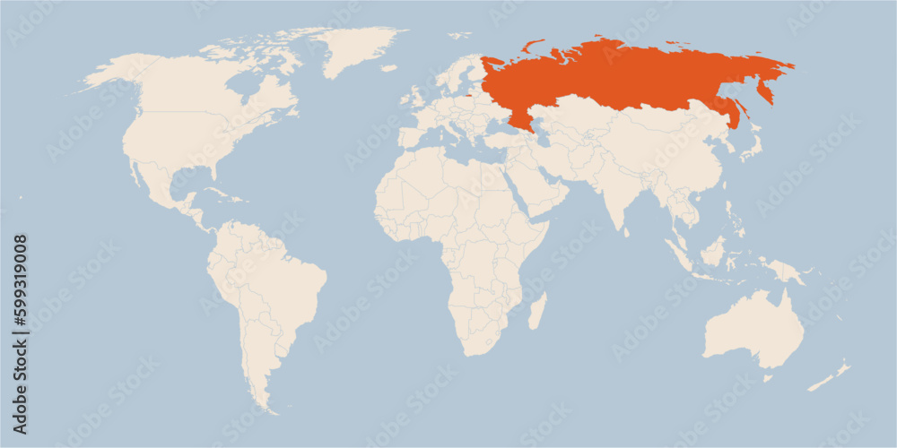 Vector map of the world in pastel colors with the country of Russia highlighted highlighted in orange.