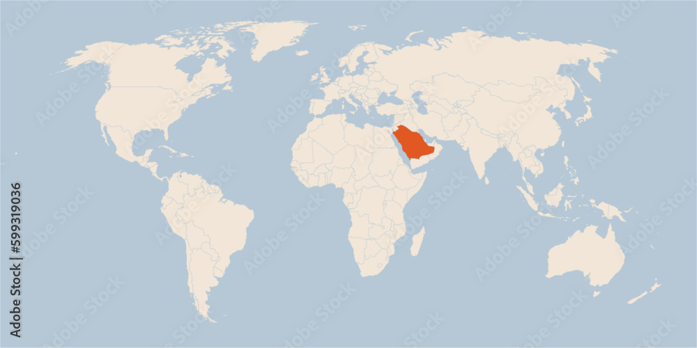 Vector map of the world in pastel colors with the country of Saudi Arabia highlighted highlighted in orange.