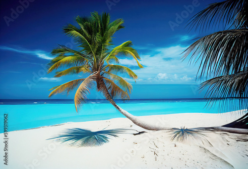 Tropical paradise beach landscape with white sand and coco palm. Travel tourism background. Generative AI