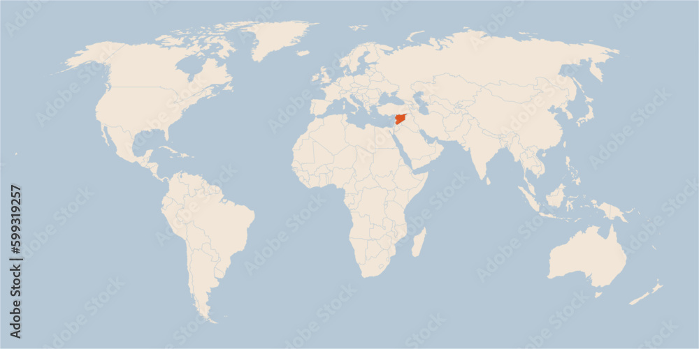 Vector map of the world in pastel colors with the country of Syria highlighted highlighted in orange.