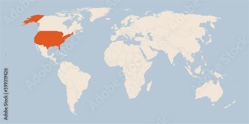 Vector map of the world in pastel colors with the country of United States of America highlighted highlighted in orange.