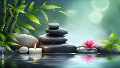 Spa stones, bamboo branches and flower in water on natural background. Copy space. Based on Generative AI © Yeti Studio