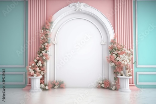 Wedding backdrop aesthetic flower decoration indoor studio pastel color background AI Generated