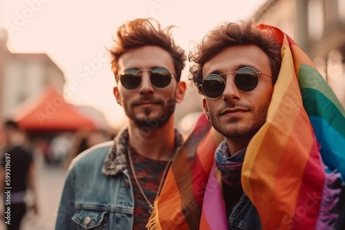 Two queer holding lgbt flag during lgbtq pride parade. Generative AI © Алина Бузунова