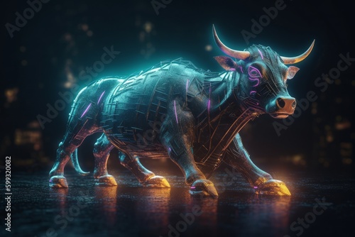 3d rendering of a metal bull with neon lights on a dark background, generative Ai