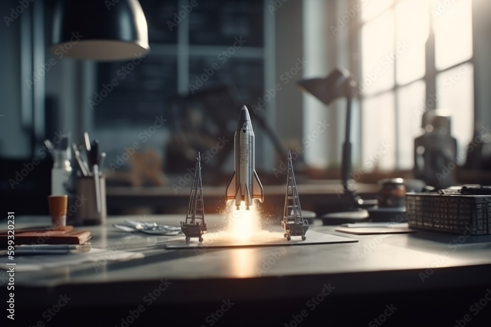 Rocket model on table in office. Startup concept. 3D Rendering, generative Ai