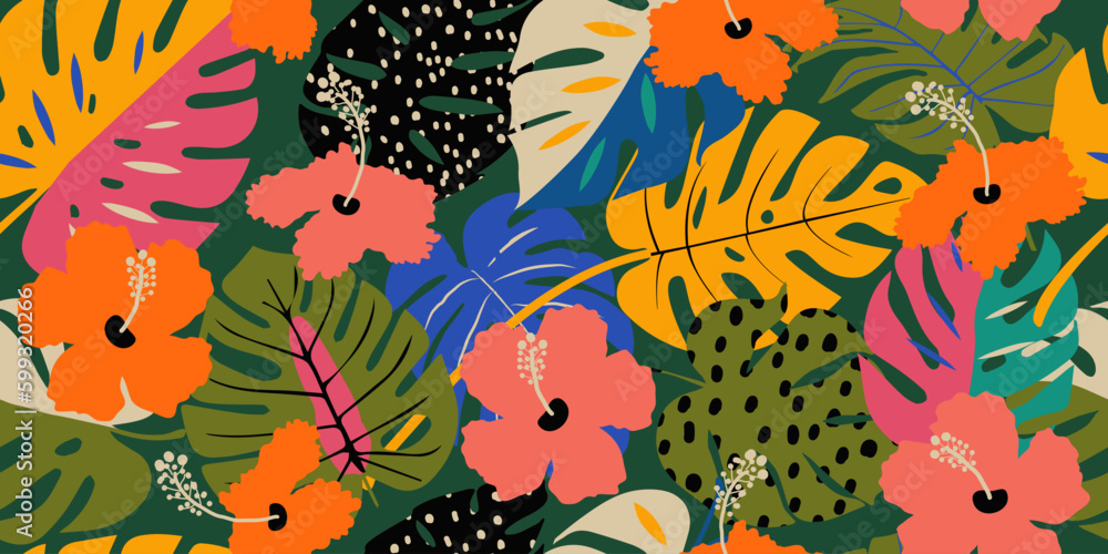Tropical flower pattern seamless, silhouette of blooming, hand drawn botanical, Floral leaf for spring and Summer time, natural ornaments for textile, fabric, wallpaper, background design. Tropical flower pattern seamless, silhouette of blooming, hand drawn botanical, Floral leaf for spring and Summer time, natural ornaments for textile, fabric, wallpaper, background design.