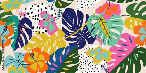 Tropical flower pattern seamless, silhouette of blooming, hand drawn botanical, Floral leaf for spring and Summer time, natural ornaments for textile, fabric, wallpaper, background design.