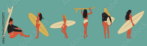 Set of Surf girls minimalist vector illustration. Flat style digital art. Young woman with surfboard in full growth	