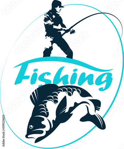 The fisherman catches fish with a fishing rod. Design for fishing