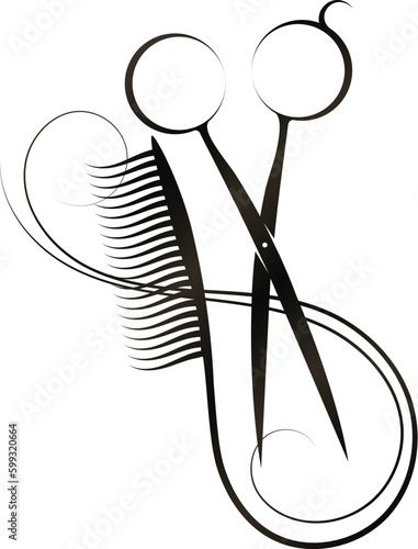 Scissors comb and beautiful curl of hair. Design for beauty and hair salon