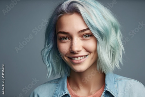 Portrait of trendy young caucasian woman with teeth smile. Generative AI