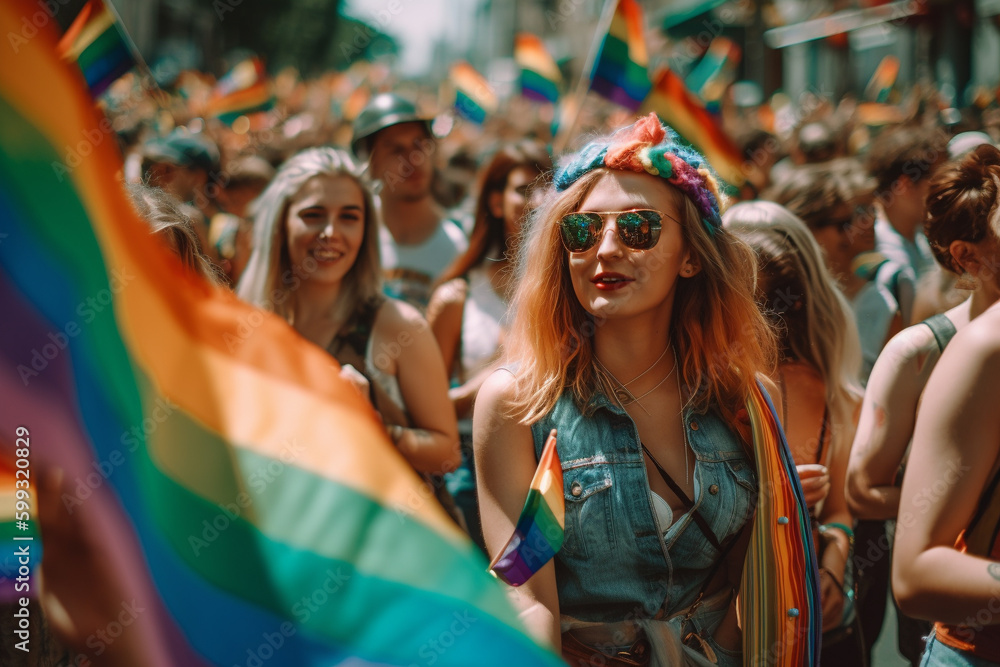 Crowd wawing rainbow flags at pride parade. Generative AI Crowd wawing rainbow flags at pride parade. Generative AI