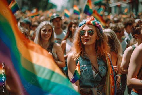 Crowd wawing rainbow flags at pride parade. Generative AI