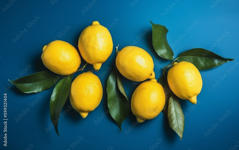 Lemons on a blue background. Generative AI