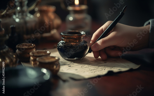 In the hands of an ink pen, which is used to write a letter, antiques. Generative AI