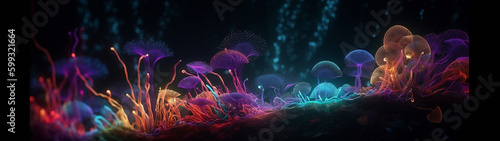 A colorful abstract 3d image of the biological environment observed through a microscope. Colorful rich background with soft colors on a dark background. High quality illustration