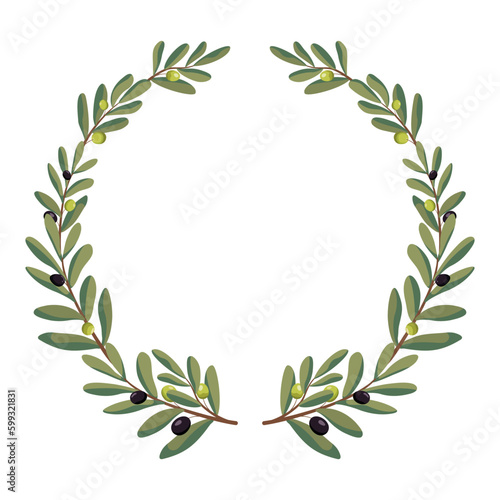 Olive branch round wreath. Vector illustration. Isolated on white background. Olive branches illustration composition. Olives arrangement circle frame.