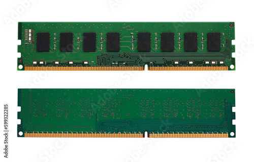 RAM for desktop computer motherboard front and back view on a transparent background