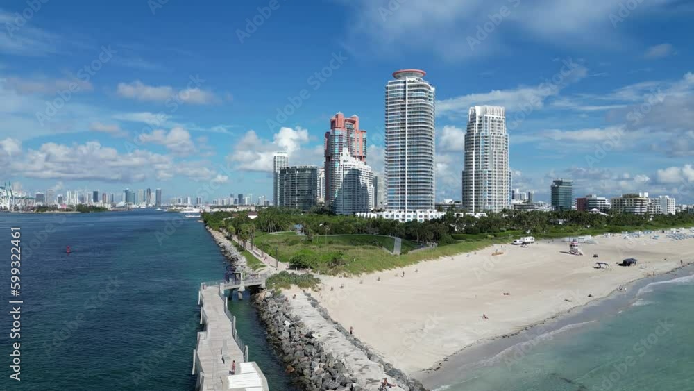 Aerial view of South Point, South Beach, Miami, Florida. South Pointe Park, Government Canal in Miami. Aerial view of ocean in Miami. South Pointe Park and Pier. Aerial view of South Point, South Beach, Miami, Florida. South Pointe Park, Government Canal in Miami. Aerial view of ocean in Miami. South Pointe Park and Pier.
