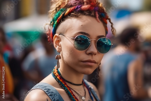 Lesbian girl wearing lgbt accessories during lgbtq pride parade. Generative AI