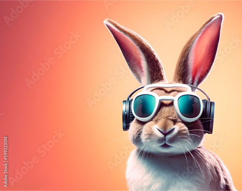 Head and shoulder portrait of adorable rabbit with eyeglasses and earphones