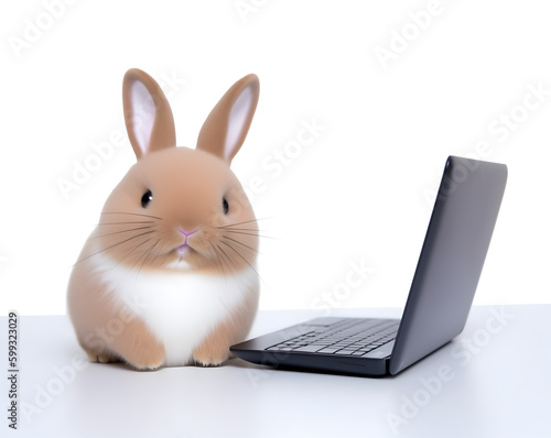 Cute bunny with laptop. Concept of hardworking pet.