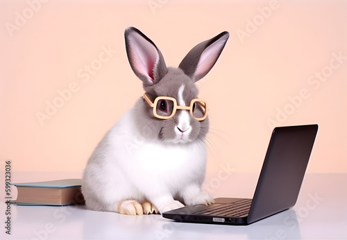 Cute bunny with eyeglasses, book and laptop. Concept of hardworking pet.