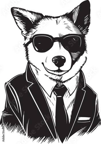 Corgi in a business suit and sun glasses Vector Illustration, SVG