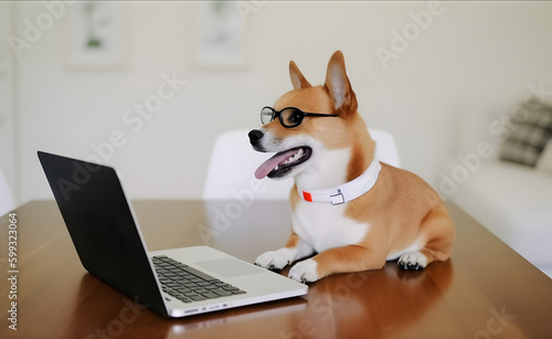 Busy shiba inu dog with eyeglasses. Concept of hardworking pet officer.