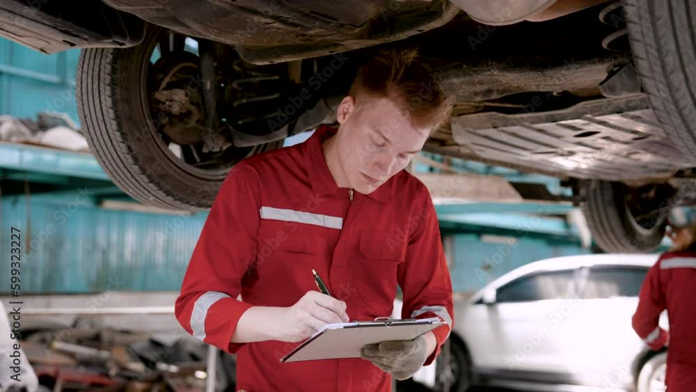 Closeup car mechanic, wear work clothes for work safety prevent