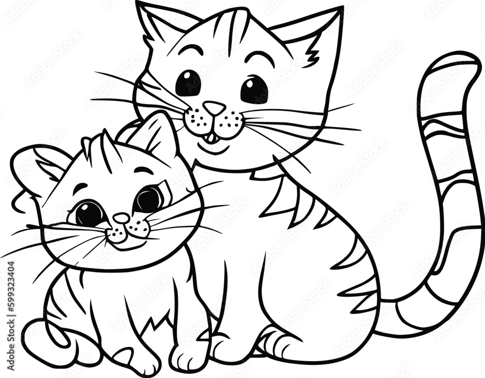 Obraz premium Cute Kitten and Mother Cat Coloring Pages for Kids