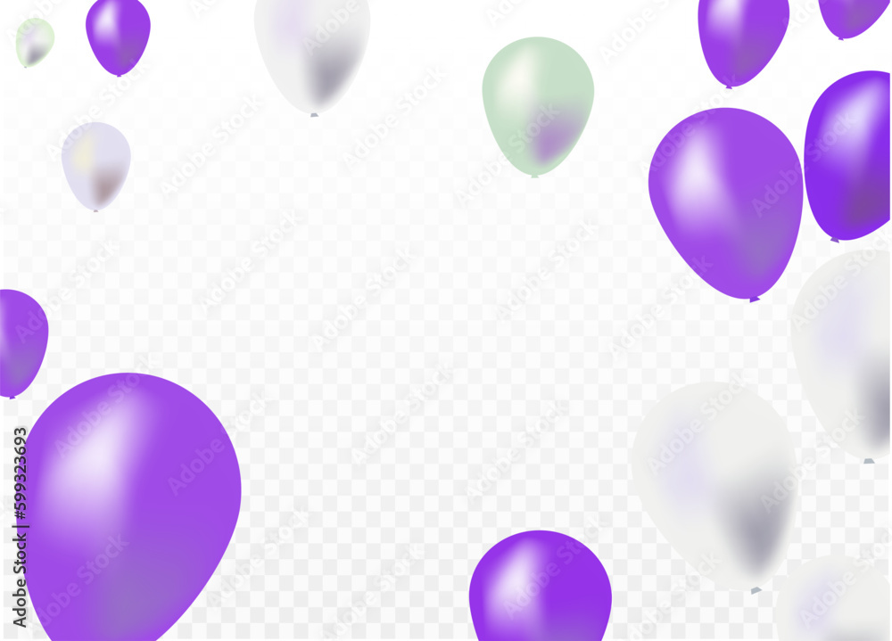 Celebration banner purple and white balloons with gold confetti.