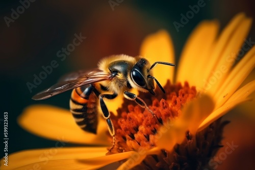 Beautiful nature scene. Bee sitting on the flower created with Generative AI