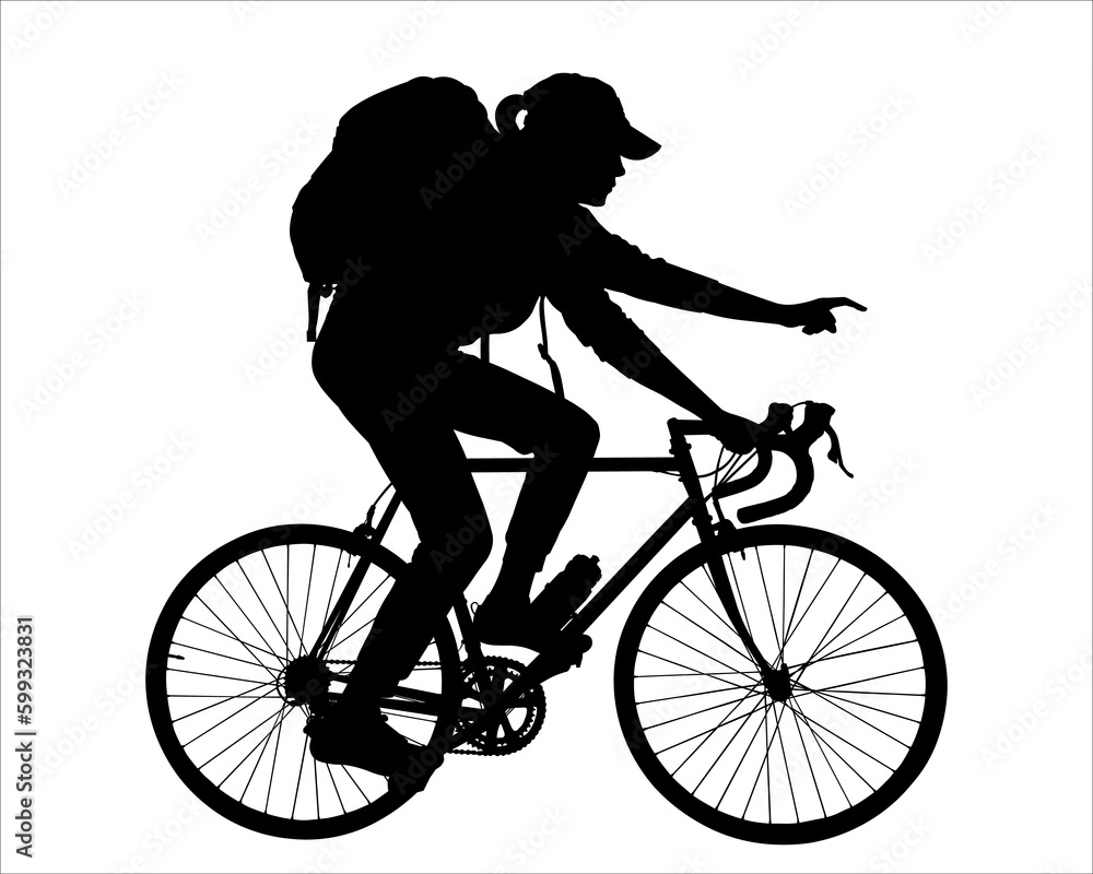 Obraz premium A girl is riding a bicycle. A woman on a bike with a large tourist backpack on her back and a cap. A tourist points forward with her hand. Bicycle tourism. Side view. Black color silhouette isolated.