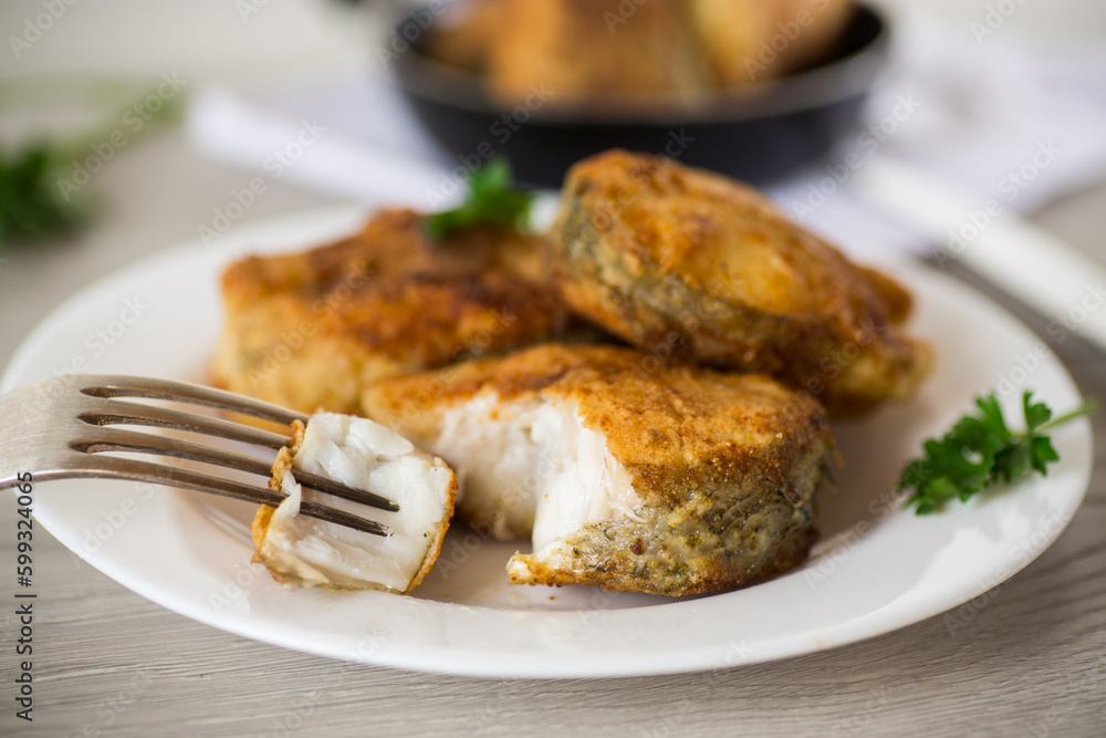 A piece of hake fish fried in a crispy crust, in a plate.