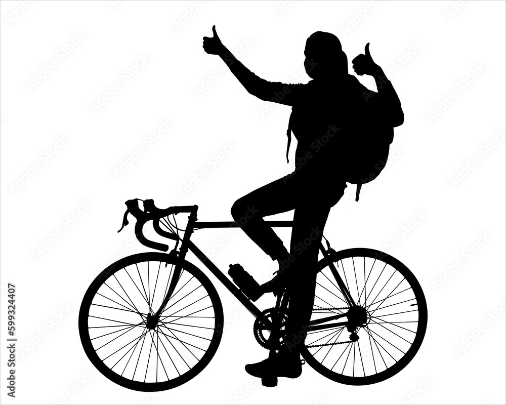 Obraz premium A joyful girl on a bike sits astride. Woman showing like gestures with both hands. A tourist on a bicycle with a large tourist backpack on his back. Side view. Black color silhouette isolated on white