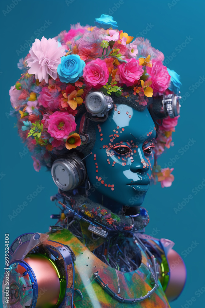 Cyber ​​futuristic robots. Person from the future with flowers on head. Generative AI