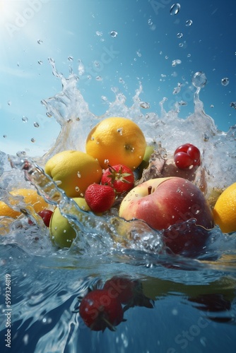 water background juicy fruit fresh vitamin drop healthy green strawberry food. Generative AI.
