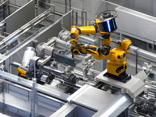 Modern High Tech  Industrial Robotic  arm on the factory production line production line is being welded. Generative AI.