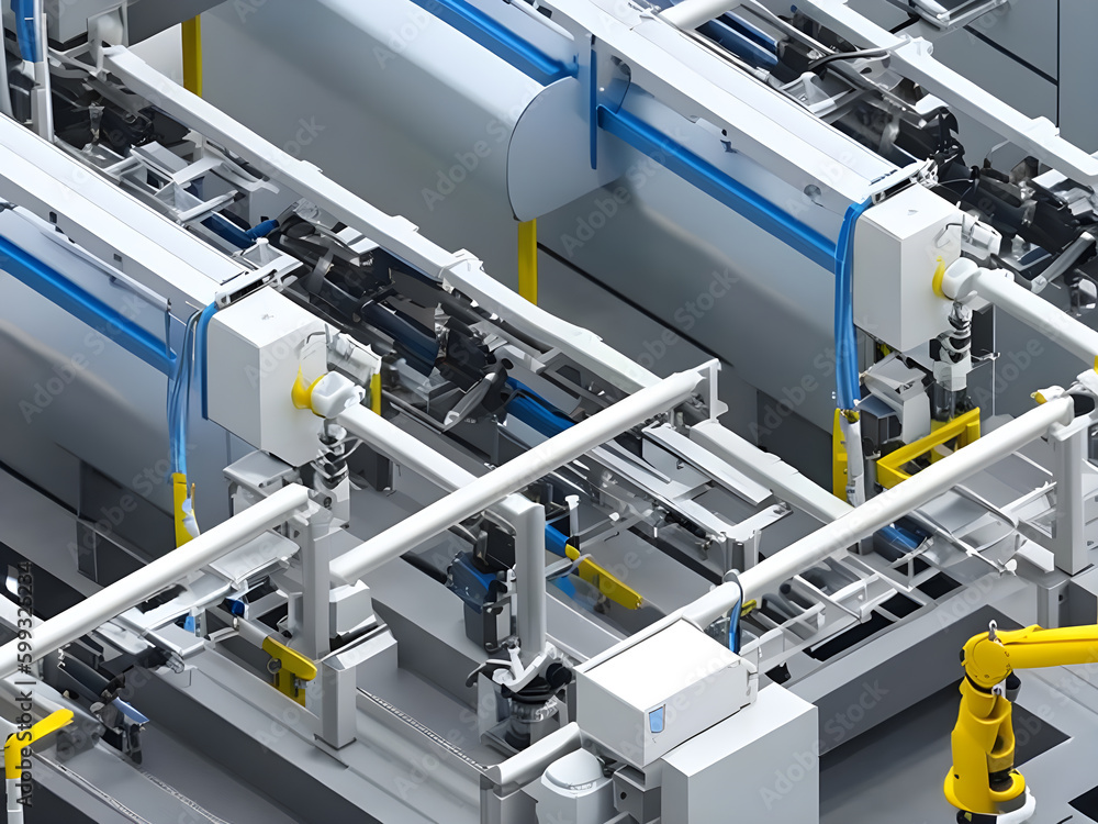 Modern High Tech Industrial Robotic arm on the factory production line production line is being welded. Generative AI. Modern High Tech Industrial Robotic arm on the factory production line production line is being welded. Generative AI.