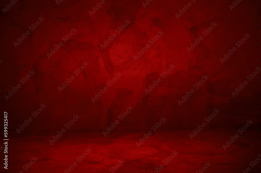 dark red plaster stucco wall and floor room background used as product displayed, mock up, template for advertising. red interior concrete room background. pedestal or stage backdrop.